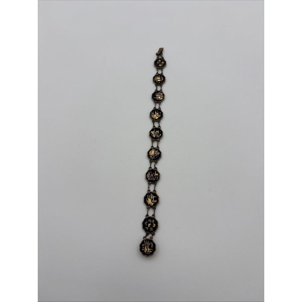 Antique Asian Damascene K24 Gold Inlay Link Bracelet 7.5" Black Gold Silver Tone